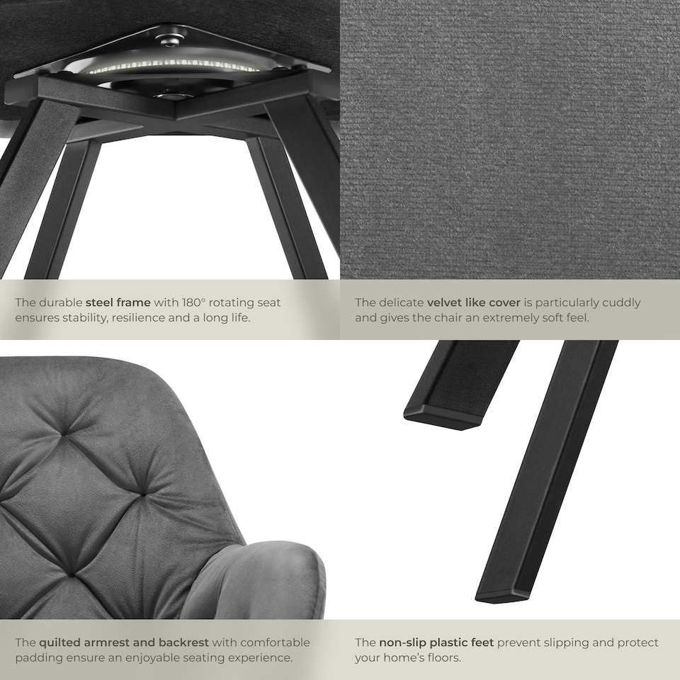 image 1 of Armchair Lucia - padded, quilted pattern, 180 degree swivel chair - Set of 6 Grey | Anthracite