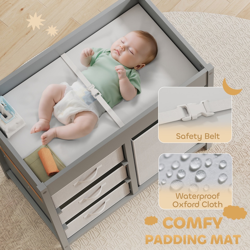 image 1 of AIYAPLAY Baby Changing Table with 4 Drawers, Nursery Diaper Baby Changing Unit for 0-12 Months (max. 11kg), with Mat, Infant Care Station for Bedroom Nursery | Grey