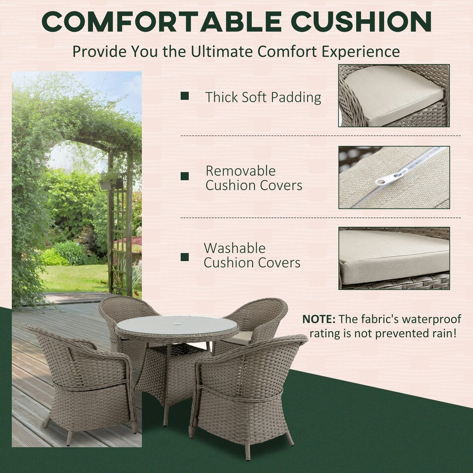 image 1 of Outsunny Rattan Dining Set for 4 with Cushions and Umbrella Hole, Mixed Grey