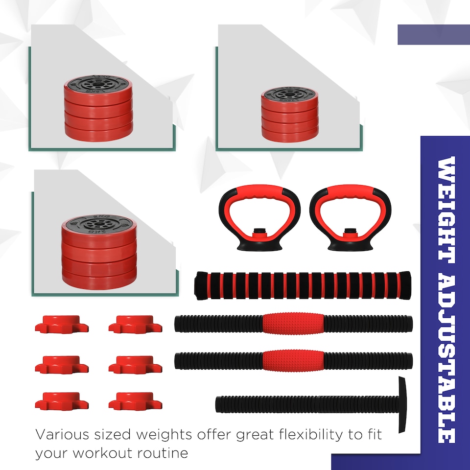 image 1 of SPORTNOW 4-in-1 Adjustable Weight Dumbbells Set, Used as Barbell, Kettlebell, Push up Stand, Free Weights Set for Men and Women Home Gym Training, 20KG, Red