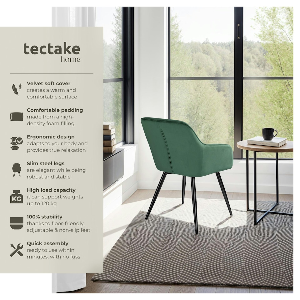 image 1 of Dining Chair Marilyn - with armrests, padded, velvet look, black steel legs - Set of 2 Green | Dark Green/Black