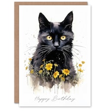 Happy Birthday Black Cat with Yellow Daisy Flowers Birthday Card