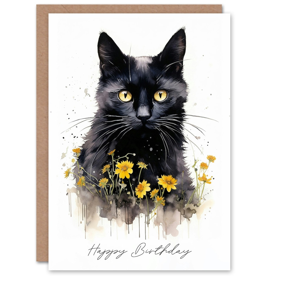 image 1 of Happy Birthday Black Cat with Yellow Daisy Flowers Birthday Card