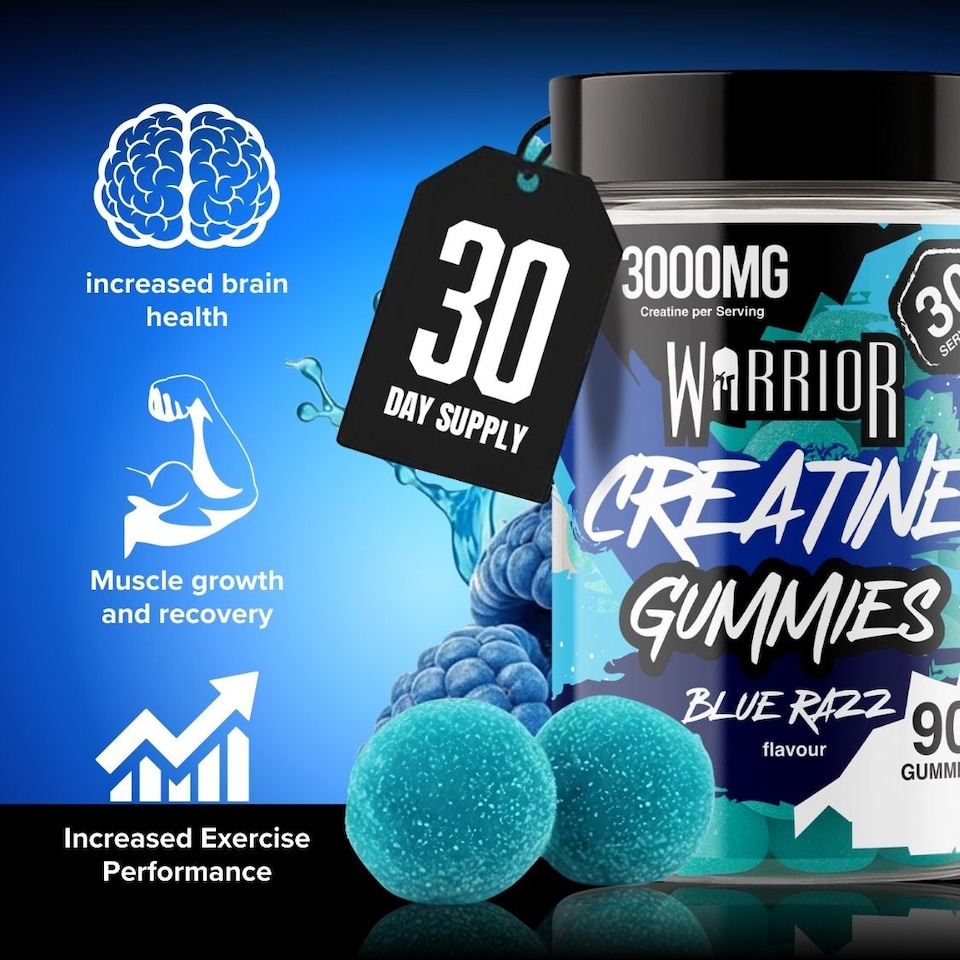 image 1 of Warrior Creatine Monohydrate Gummies – 3000mg Creatine per Serving, Chewable & No-Mix – Blue Razz, 90 Gummies (30 Servings)