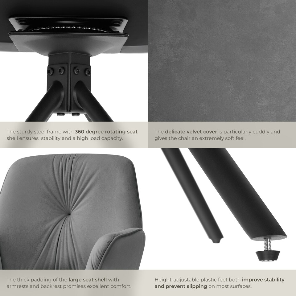 image 1 of Swivel Chair Lenia - upholstered, padded, 56.5 x 54 x 86 cm | Grey | Velvet look anthracite/black | 2