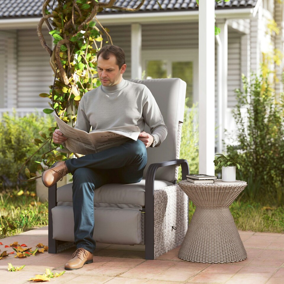 image 1 of Outsunny Rattan Garden Recliner Chair Sun Lounger w/ Side Tray Grey