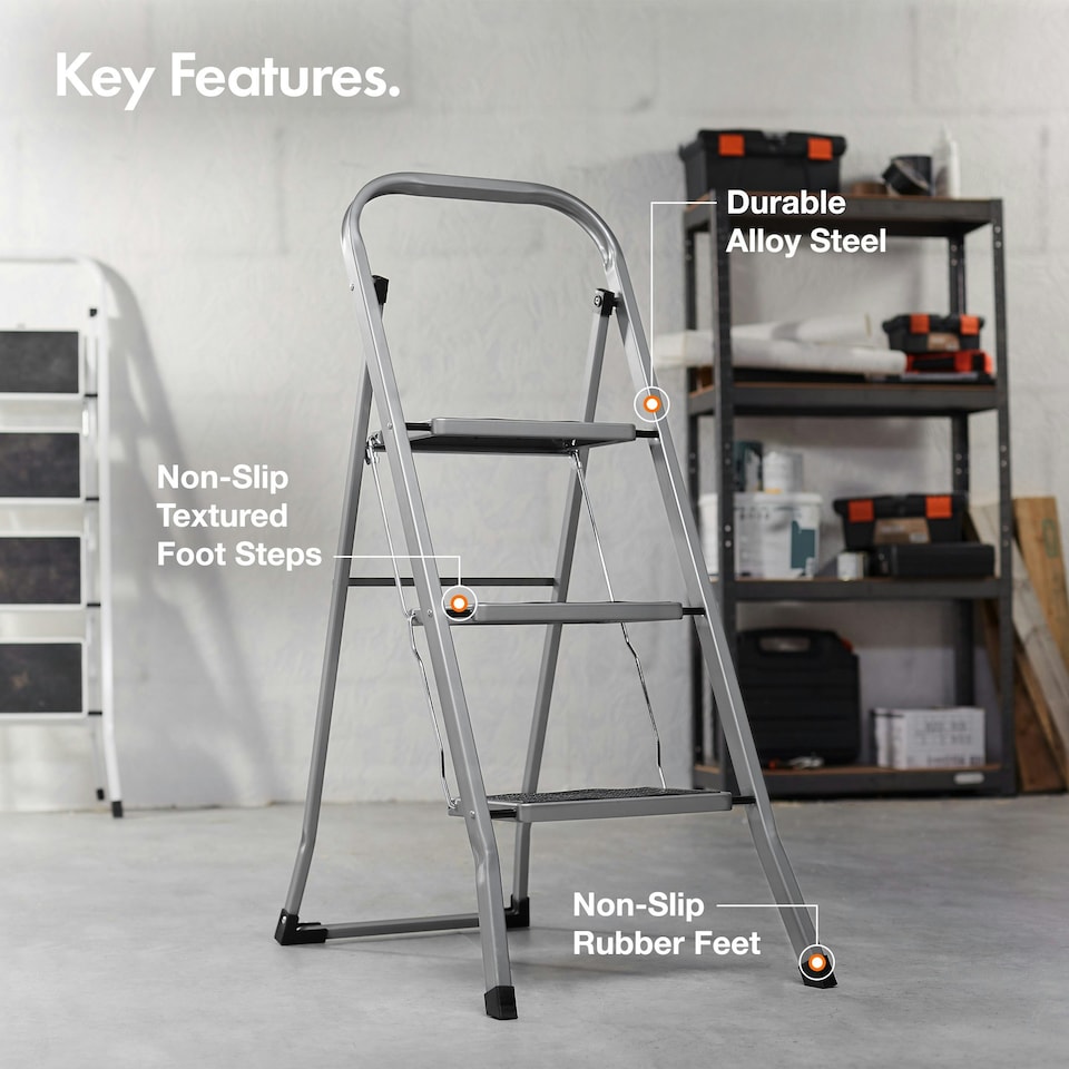 image 1 of VonHaus 3 Step Steel Folding Step Ladder with Anti Slip Feet