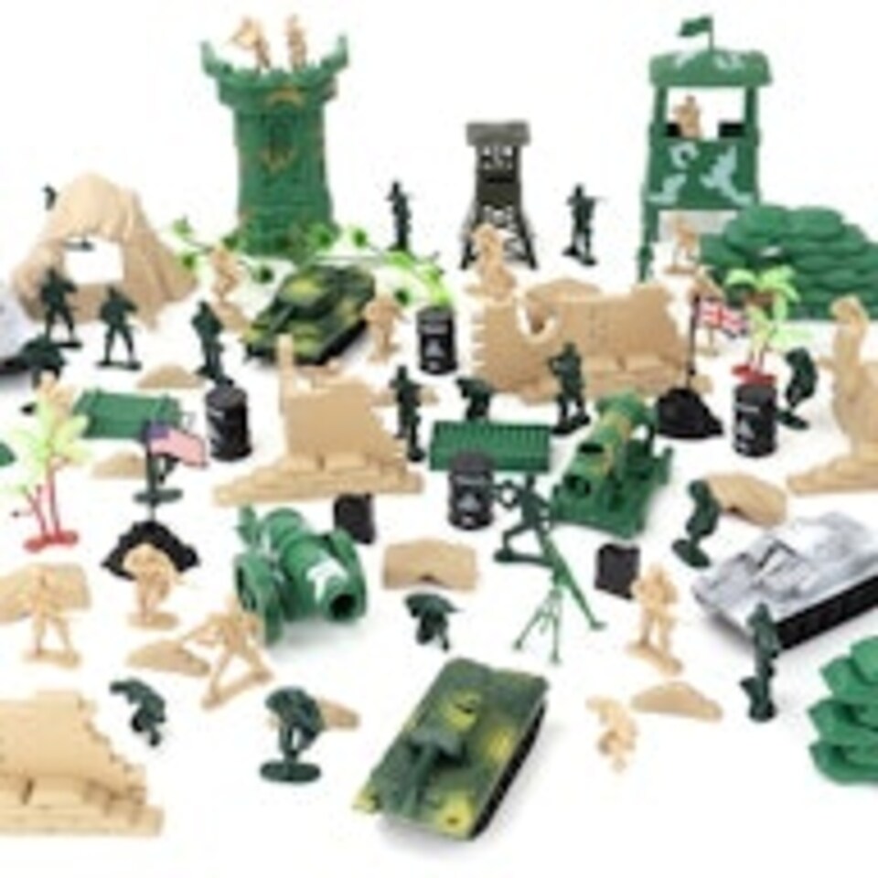 image 1 of 100 Piece Military Play Set with Toy Soldiers Military Figures Tanks Planes Flags Carry Case and Battlefield Accessories