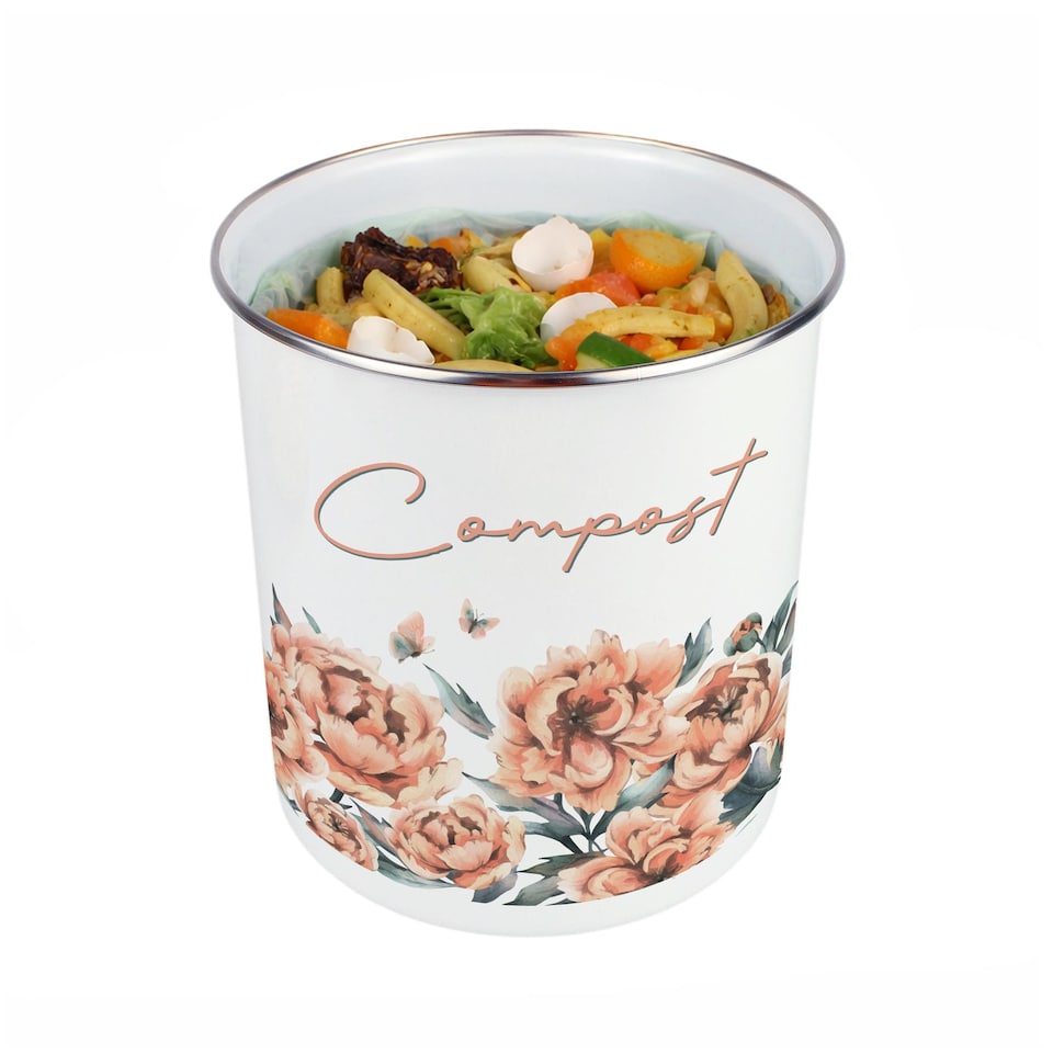 image 1 of Peach Peonies Compost Caddy - Metal 2L Decorative Kitchen Food Waste Bin
