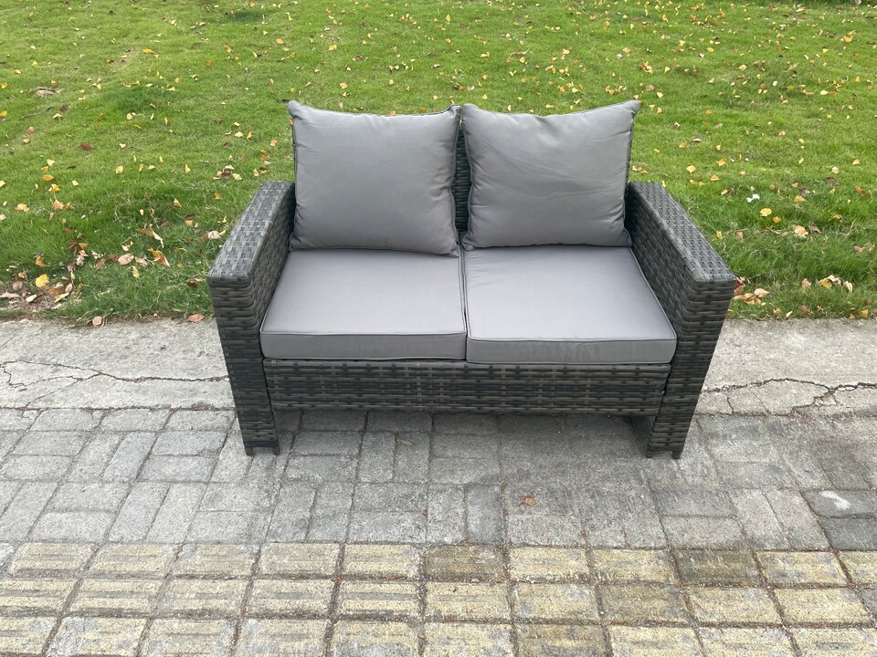 image 1 of Fimous 6 Pieces Garden Furniture Sets Poly Rattan Outdoor Patio Height Adjustable Rising Lifting Table Sofa Dining Set with Side Table 2 Small Footstools