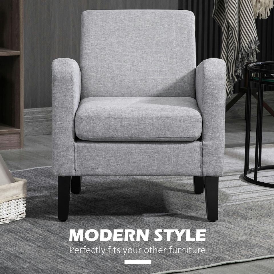 image 1 of HOMCOM Modern Armchair Accent w/ Rubber Wood Legs Bedroom Light Grey