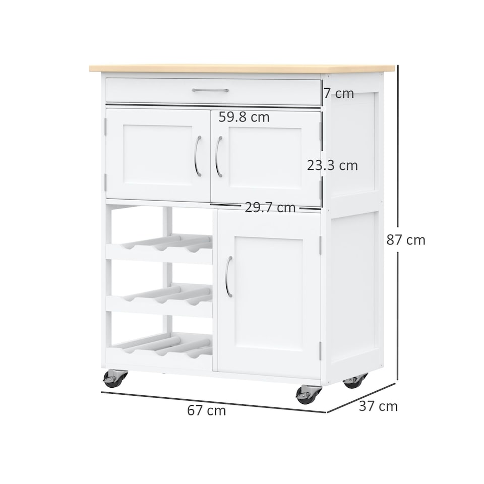 image 1 of HOMCOM Rolling Kitchen Island Trolley Storage Cart w/ Rubberwood Top, White