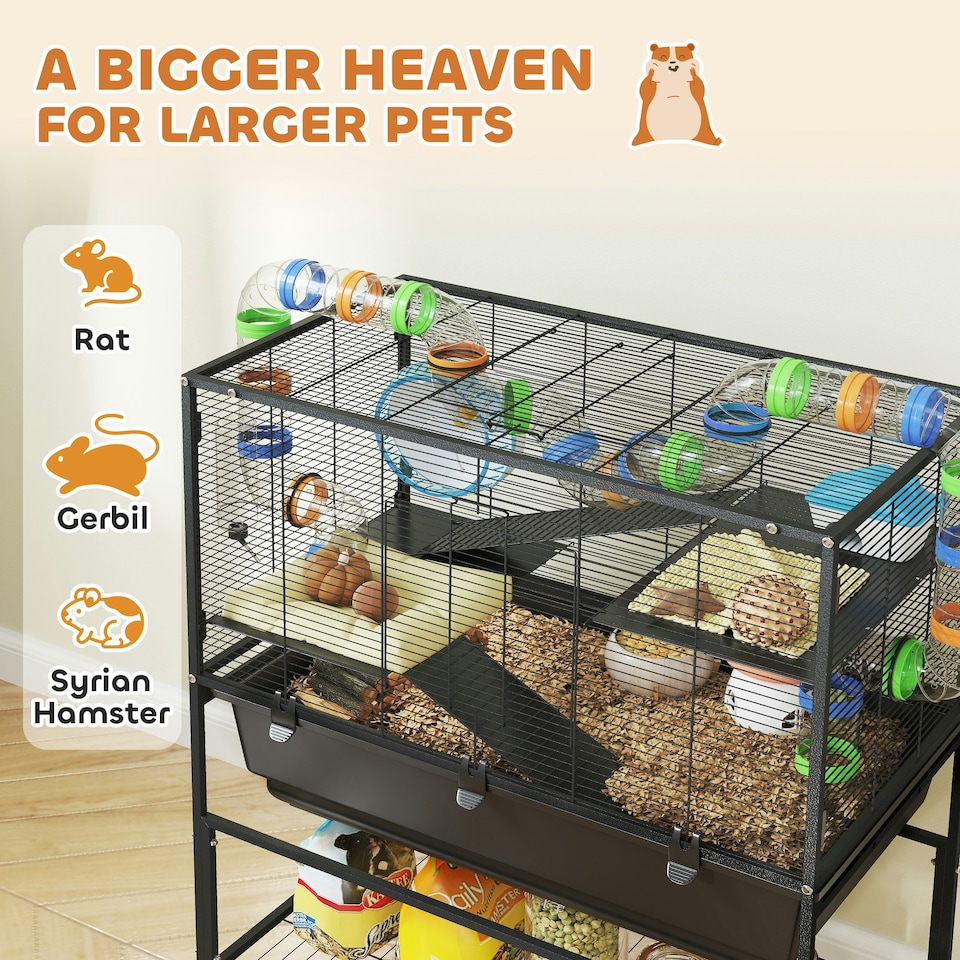 image 1 of PawHut Hamster Cage, 3 Tier Gerbil Cage on Wheels with Storage Shelf