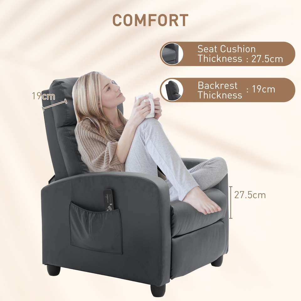 image 1 of HOMCOM Recliner Armchair, Massage Faux Leather Push Back Reclining Chair with Adjustable Leg Rest, Side Pocket, for Home Living Room Theatre, Grey