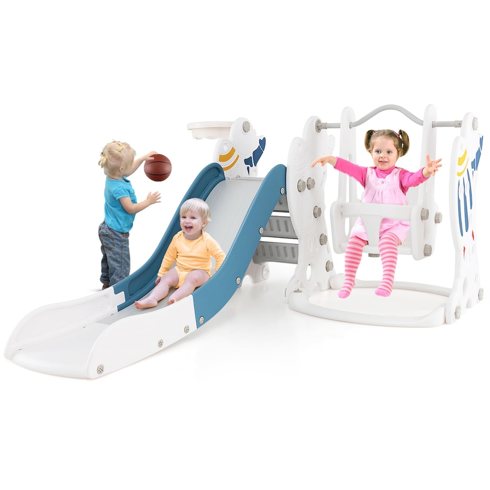image 1 of COSTWAY Toddler Slide and Swing Set 4-in-1 Indoor Playground With Extended Slide