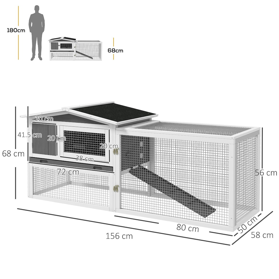 image 1 of PawHut Rabbit Hutch, Bunny Cage with Run & Sliding Tray, Hay Rack, Grey