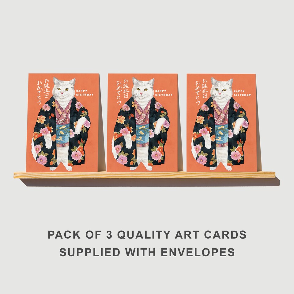 image 1 of White Cat Kimono Birthday Card Japanese Floral Set of 3 Greeting Cards Blank
