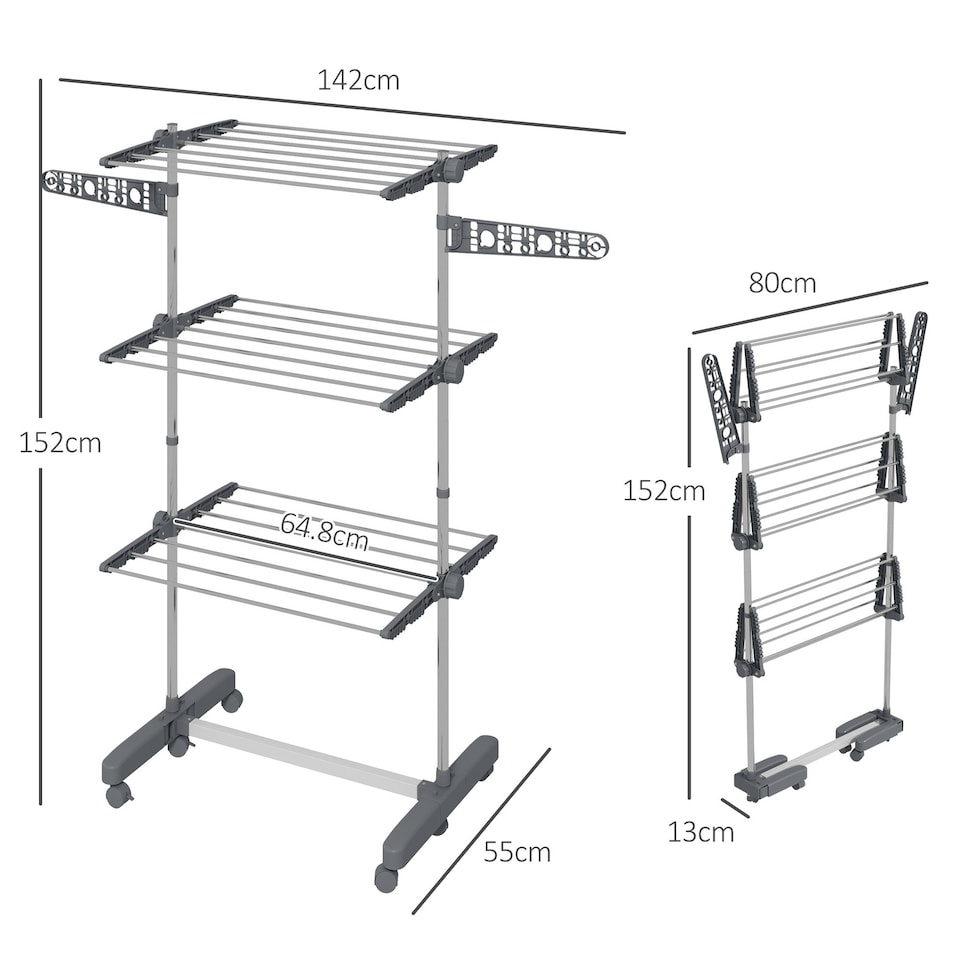 image 1 of HOMCOM 3-Tier Large Clothes Airer Stainless Steel Clothes Drying Rack Grey