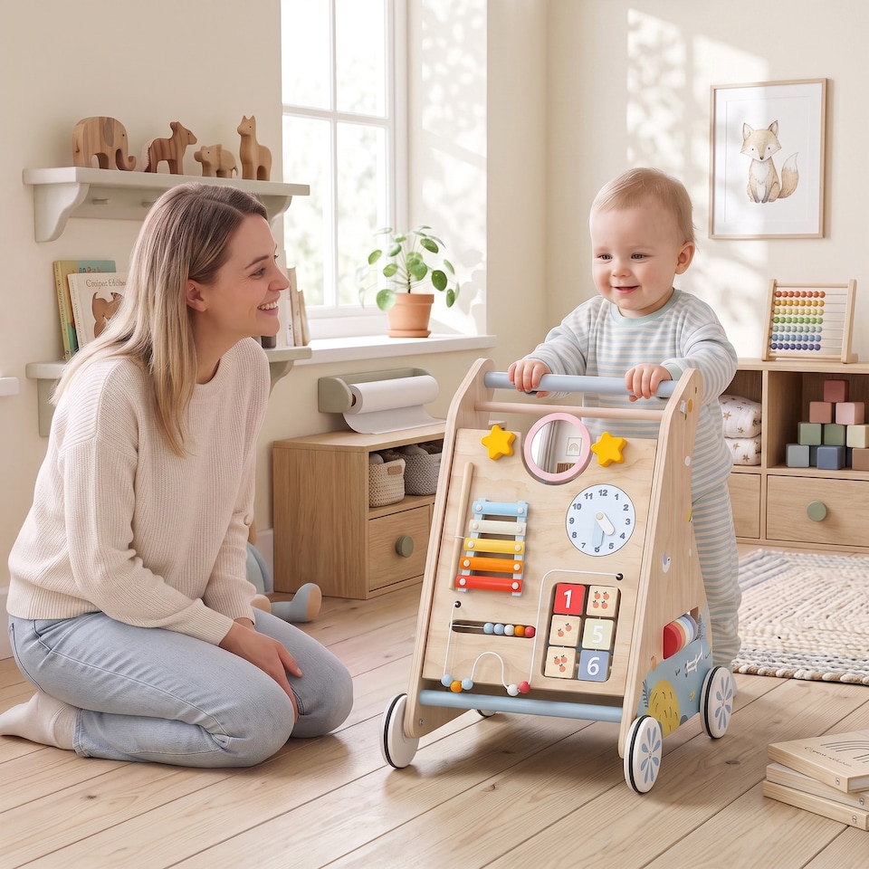 image 1 of AIYAPLAY Wooden Baby Walker with Detachable Double-Sided Activity Board
