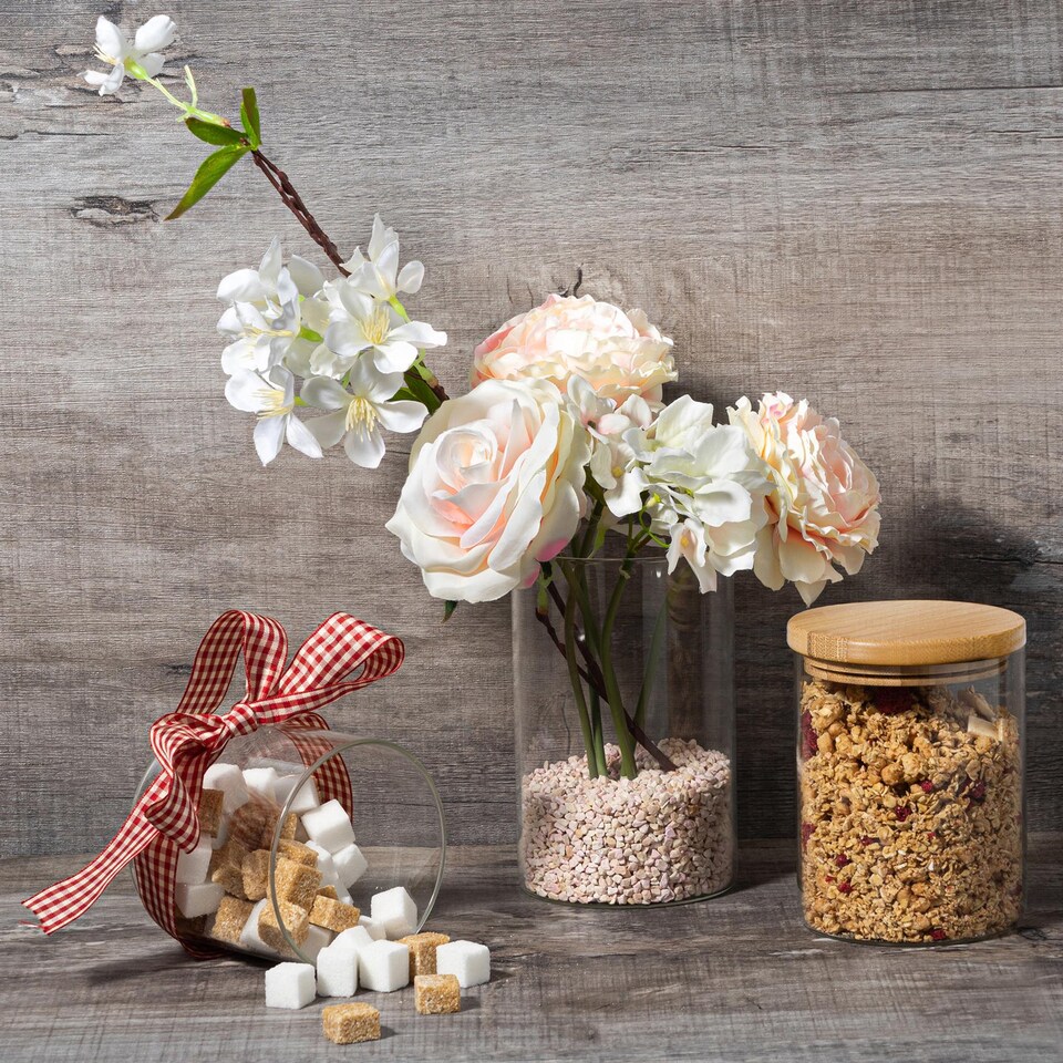 image 1 of Argon Tableware Glass Storage Jar Set - Wooden Lids - Modern Round Scandi Organisation Container Glass Jar - 3 Sizes