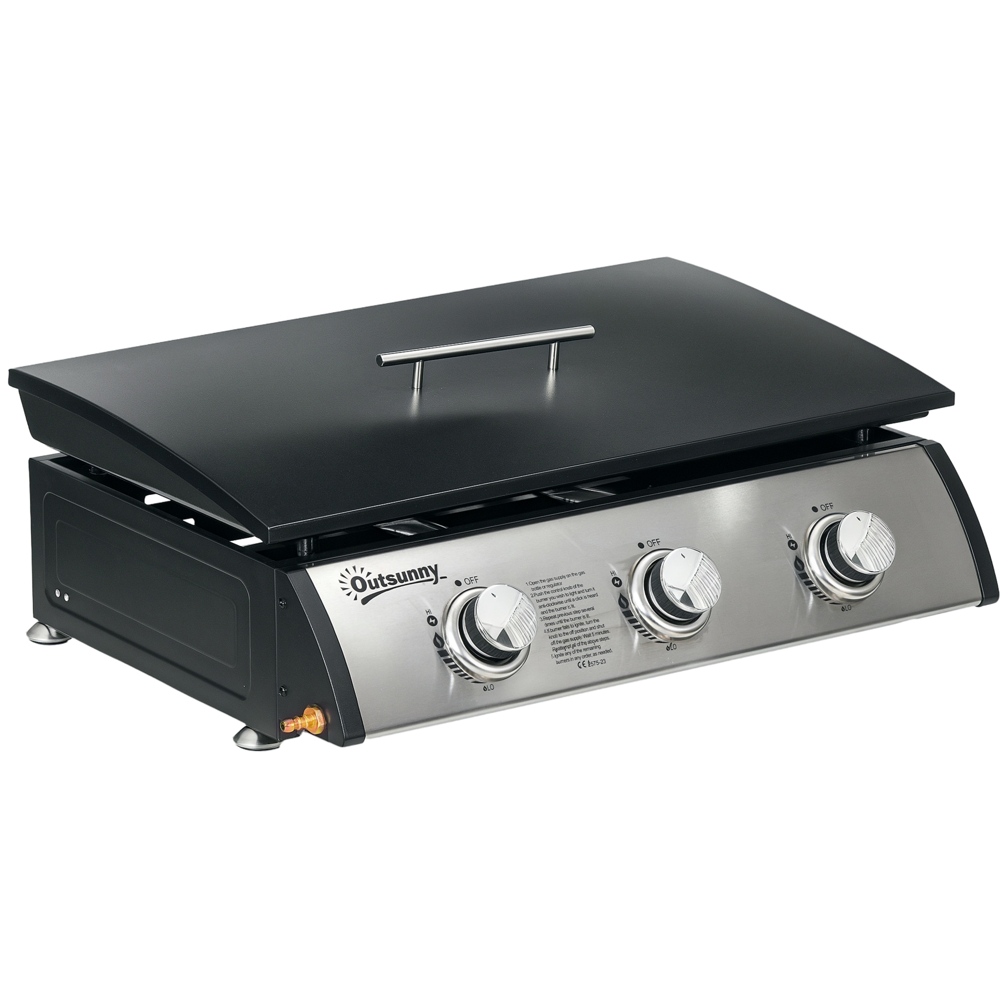 Outsunny Gas Plancha Barbecue Grill with 3 Stainless Steel Burner, 7.5kW, Portable Tabletop Gas BBQ with NonStick Griddle and Lid for Camping Picnic Garden Party Festival