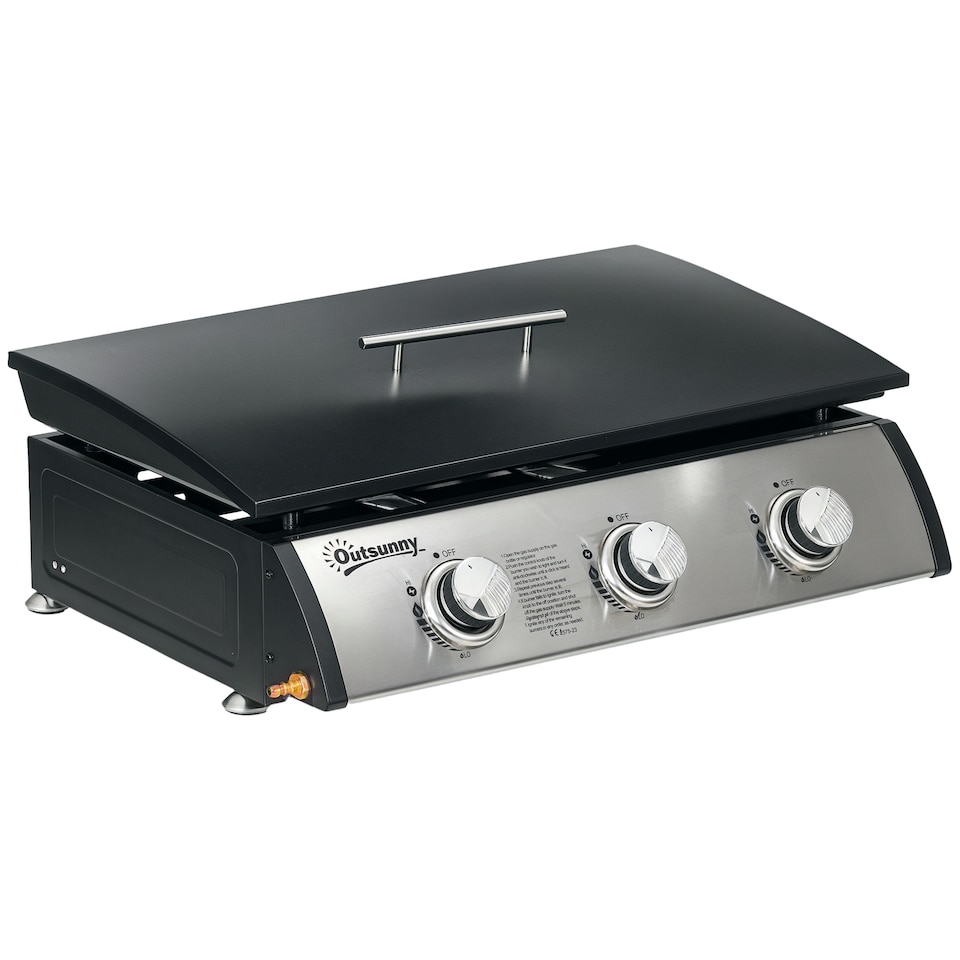 image 1 of Outsunny Gas Plancha Barbecue Grill with 3 Stainless Steel Burner, 7.5kW, Portable Tabletop Gas BBQ with NonStick Griddle and Lid for Camping Picnic Garden Party Festival