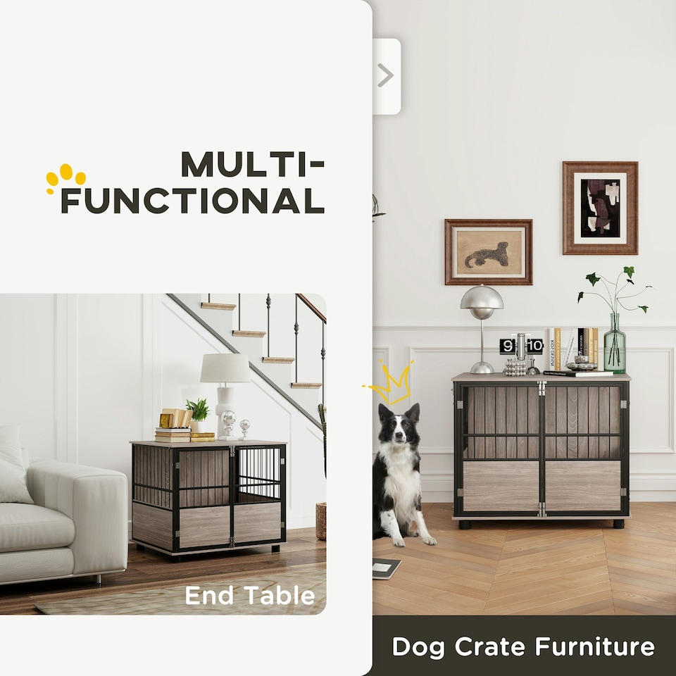 image 1 of PawHut 80cm Dog Crate Furniture Dog Cage End Table Indoor w/ Doors, Cushion