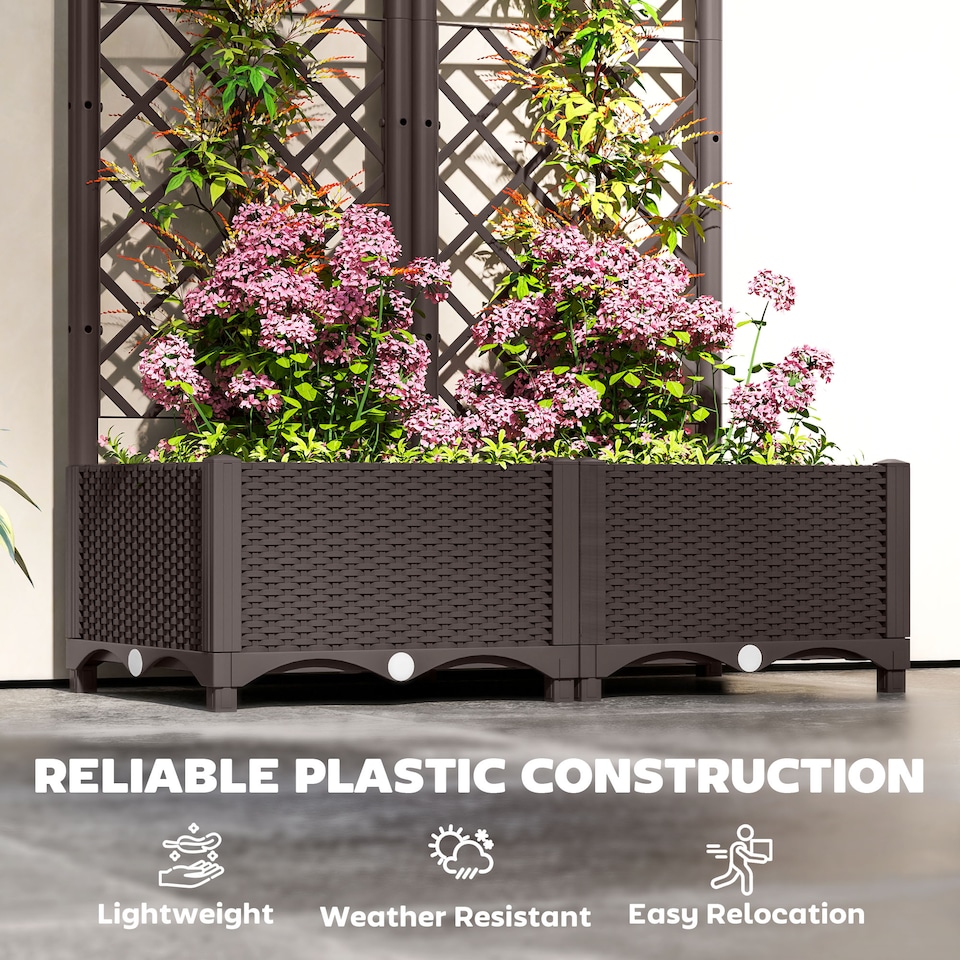 image 1 of Outsunny Raised Garden Bed with Trellis, Plastic Planter Box with Drainage Holes, Drain Plugs and Water Reservoirs for Climbing Plants, Vegetables, Flowers | Brown