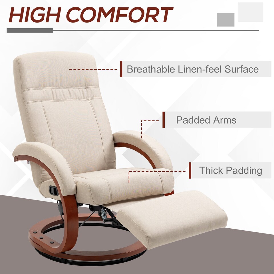image 1 of HOMCOM Swivel Recliner Chair with Footstool and Wood Base, Manual Reclining Chair for Living Room, Bedroom, Beige