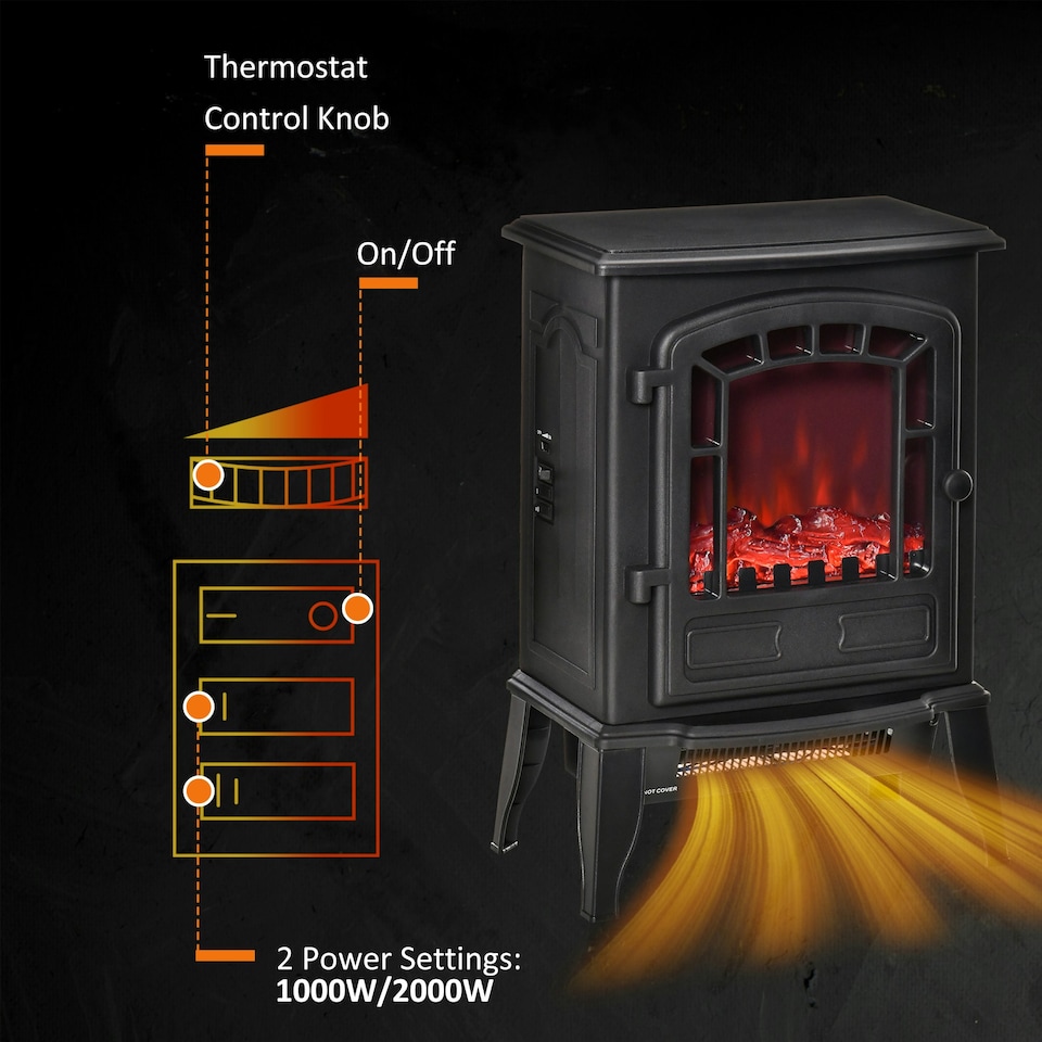image 1 of HOMCOM Freestanding Electric Fireplace Heater W/ Realistic Flame Effect Black | Black