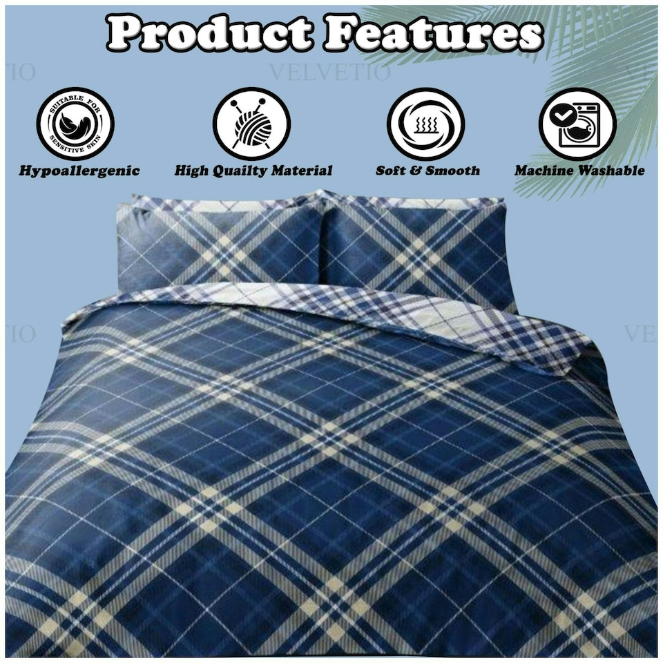 image 1 of VELVETIO Diagonal Check Complete Duvet Cover Set with Fitted Sheet Breathable Bedding Quilt Blue | King