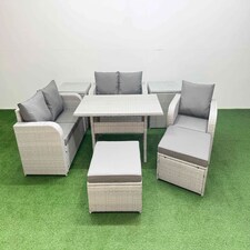 Fimous High Back Poly Rattan Garden Furniture Set with Reclining Chair Loveseat Sofa Rectangular Dining Table Indoor Outdoor Patio  Set 2 Big Stool 2 Side Table Light Grey