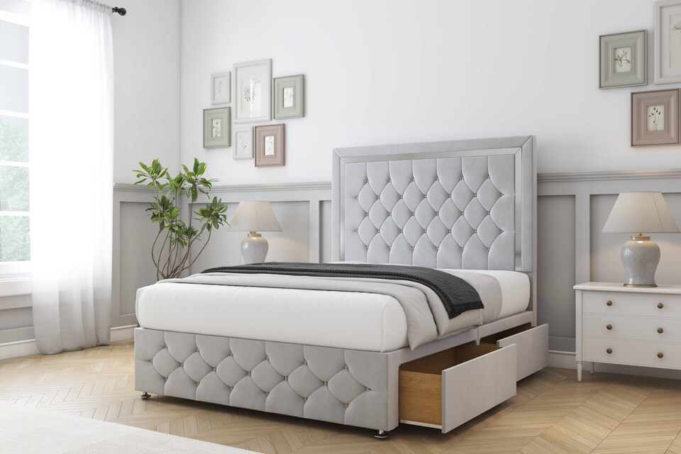 image 1 of Sloomy Sofia Chrome Silver Plush Divan Bed With Mattress 2 Drawers Left Side With 54" Floor Standing Headboard & 12" Matching Footboard 2'6 Small Single | Silver | Silver | Small Single | 1