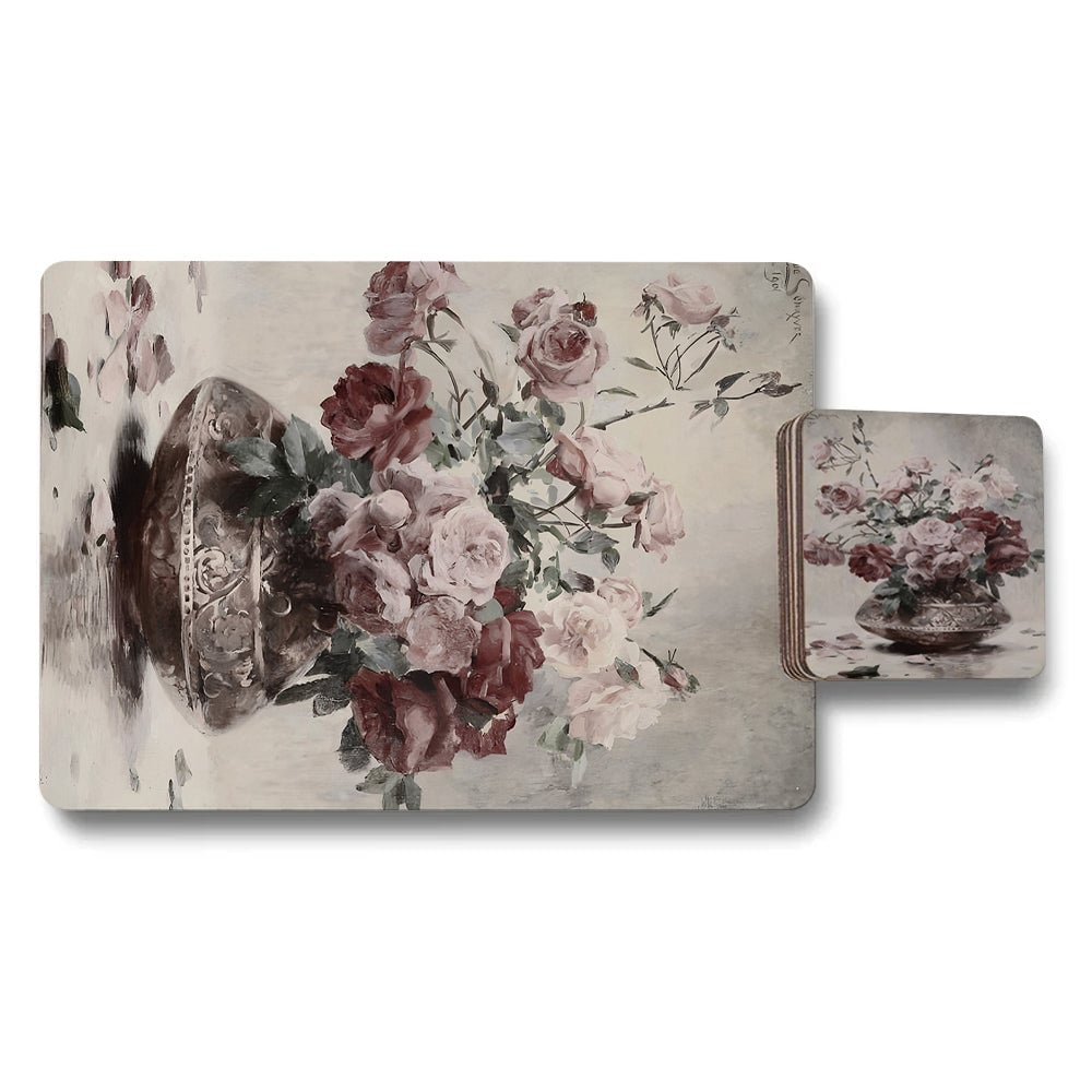 Limited Edition Vintage Rose Floral Placemat And Coaster Set In Fine Art Print Collection With Wood Backing