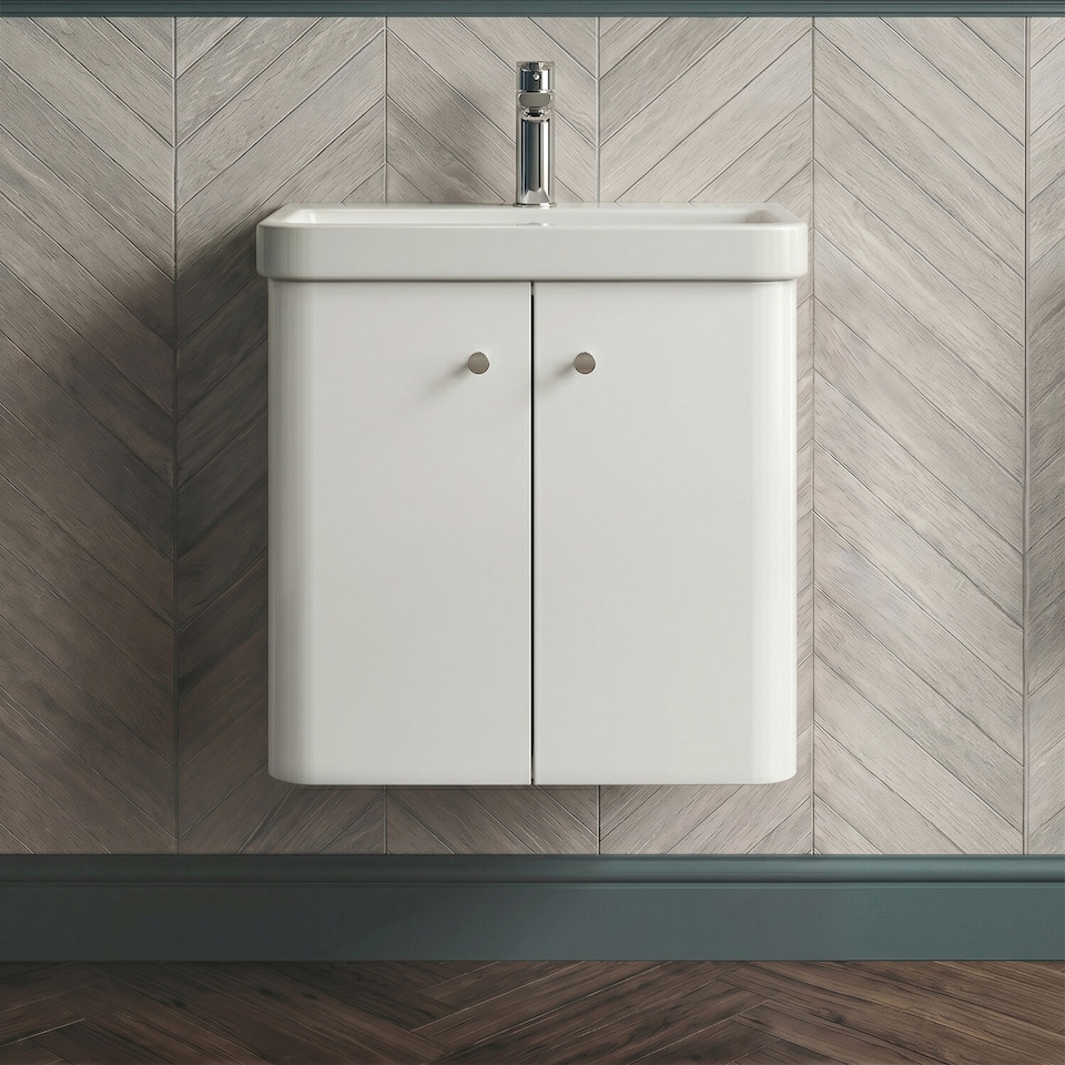 image 1 of Balterley Curve Modern Bathroom Wall Hung 2 Door Vanity Unit Basin | White | Gloss White
