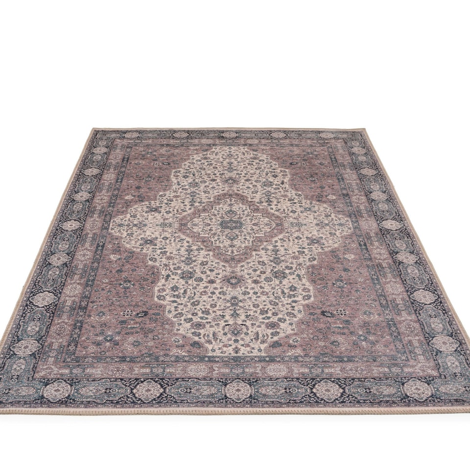 image 1 of KUKOON Beige Medallion Washable & Non Slip Distressed Living Room Area Rug 200cm x 290cm Cream