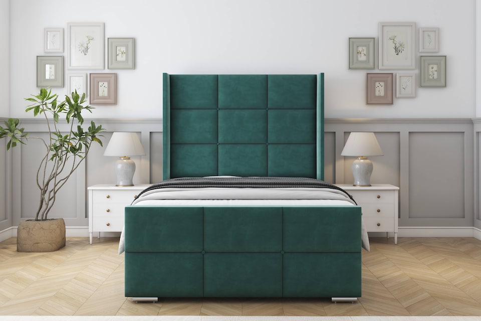image 1 of Sloomy Beaumont Emerald Plush Bed Frame With 50"  Upholstered Wingback Headboard 4'6 Double