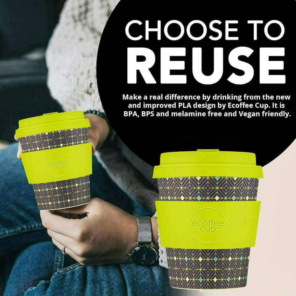 image 1 of Ecoffee Cup 8oz 240ml Reusable Eco-Friendly 100% Plant Based Coffee Cup with Silicone Lid & Sleeve - Melamine Free Travel Mug N/A | Black Nature