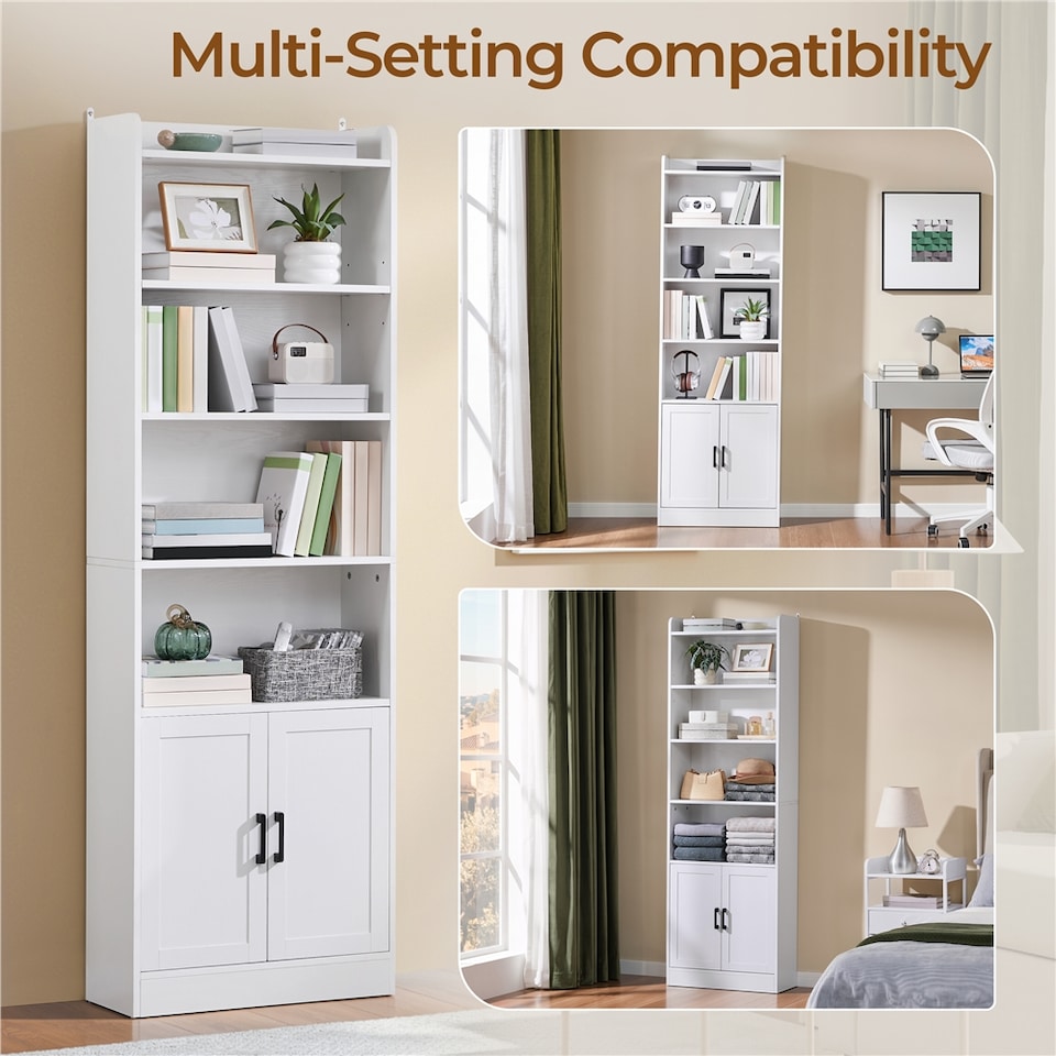 image 1 of Yaheetech 7-Tier Tall Bookcase with 2-Door Cabinet-White