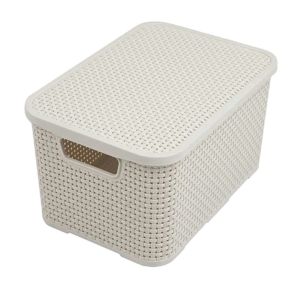 image 1 of 1 x Cream Rattan Effect Home Office Multipurpose Storage Basket With Lid | Cream