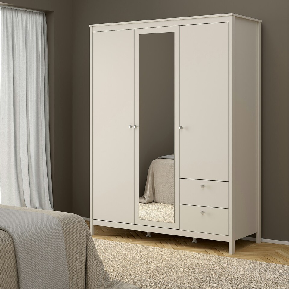 image 1 of Madrid Wardrobe with 2 Doors + 1 Mirror Door + 2 Drawers in Cashmere Cream