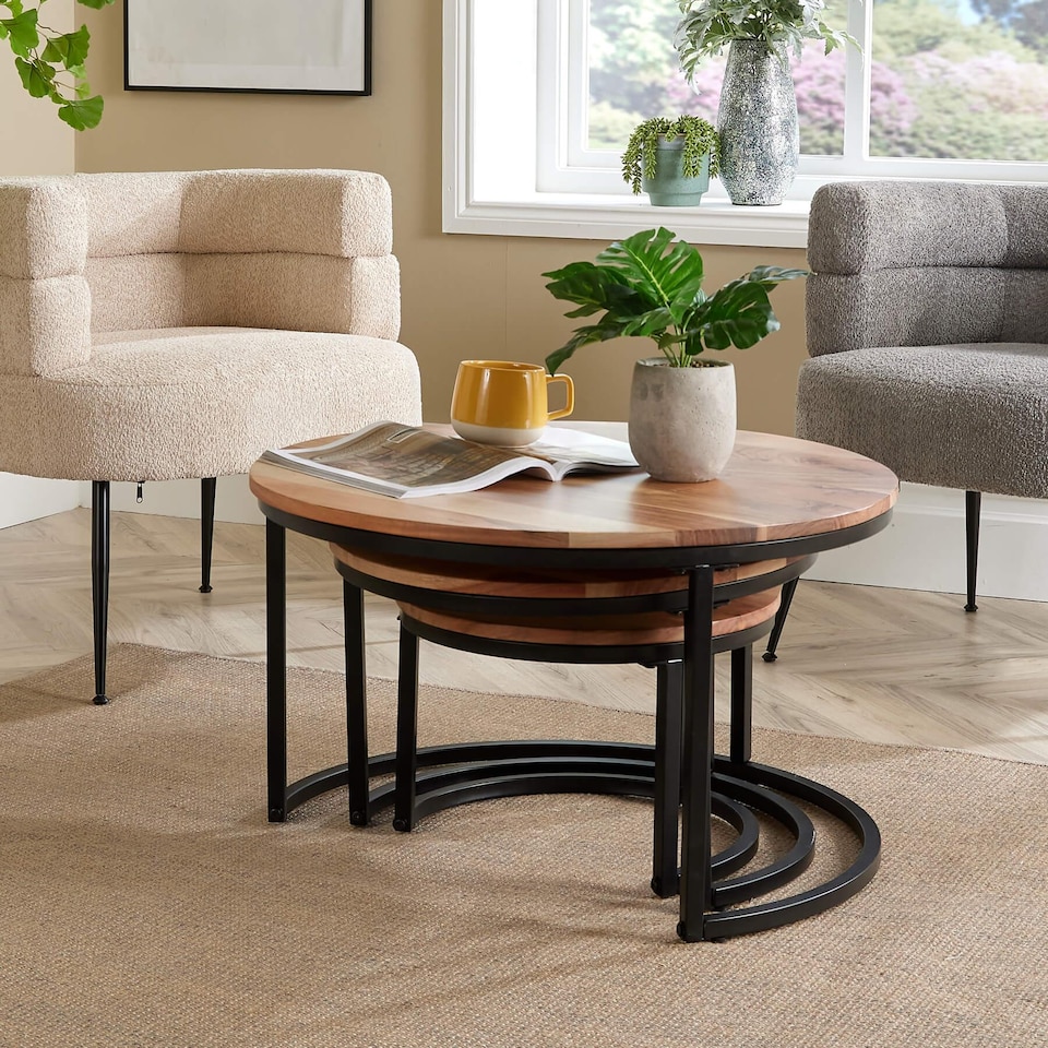 image 1 of Nest 3 Tables Solid Acacia Wooden Top Home Compact Furniture Design Living Room