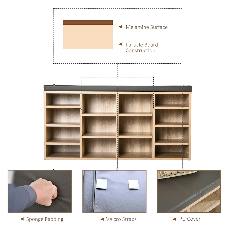 image 1 of HOMCOM Multi-Storage Shoe Rack 14 Compartments Cushion Moving Shelves Home Brown White