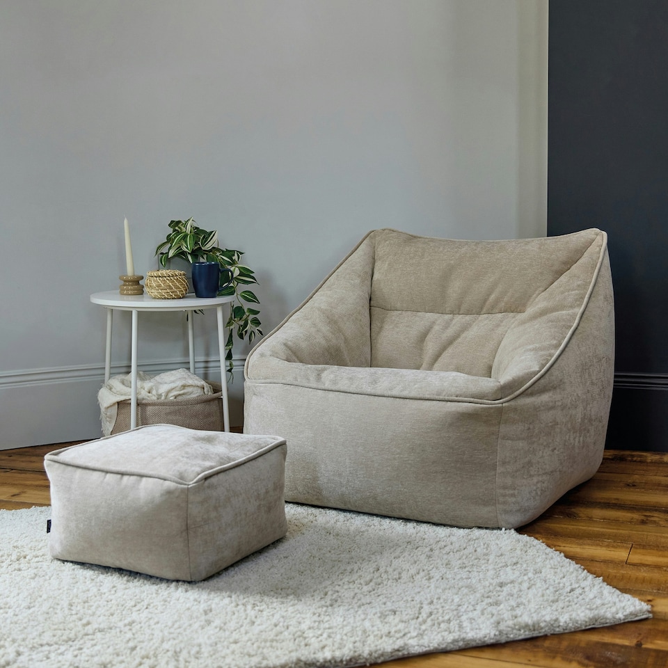 image 1 of icon Natalia Chenille Adults Bean Bag Armchair and Pouffe, Ready Filled Large Beanbag and Footstool Natural Beige Cream