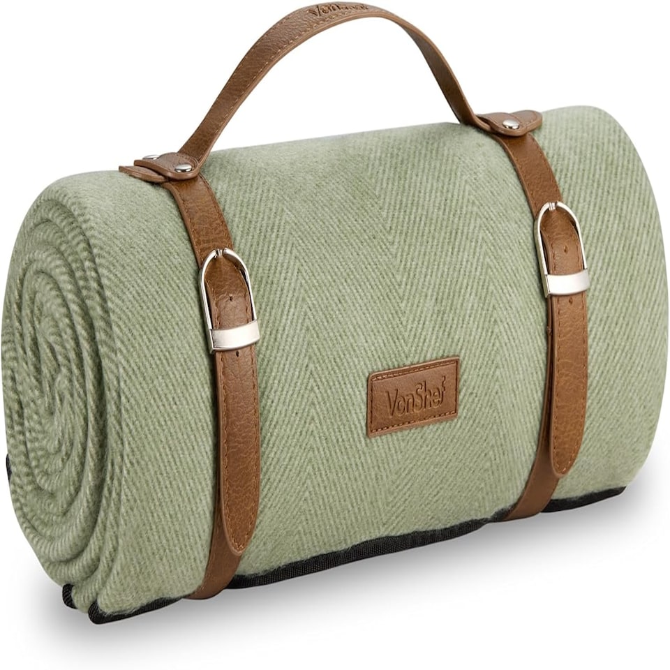 image 1 of VonShef Picnic Blanket - Green Herringbone