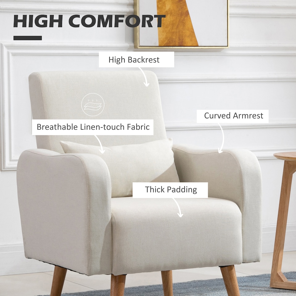 image 1 of HOMCOM Accent Chair, Linen-Touch Armchair with Pillow, Upholstered Leisure Lounge Sofa for Living Room, Club Chair with Rubber Wooden Frame, Cream