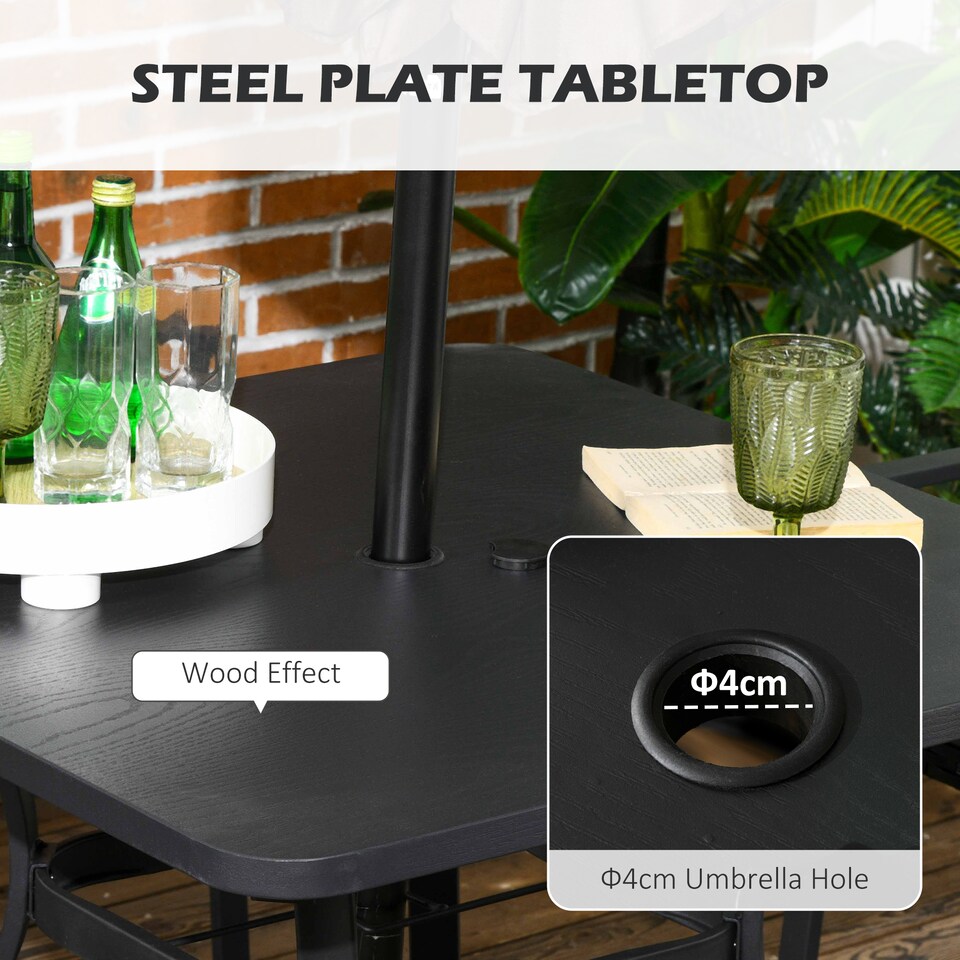 image 1 of Outsunny 4 Seater Rattan Dining Set with Cushions, Wood Effect Metal Top Table with Umbrella Hole, PE Rattan Garden Furniture Set, Outdoor Dining Table and Chairs for Patio, Balcony, Lawn, Black