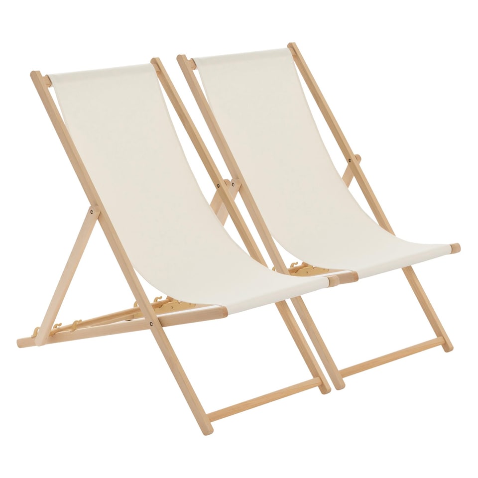 image 1 of Harbour Housewares Folding Wooden Deck Chairs - Natural - Pack of 2 | Cream | Beige