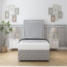 Sloomy Sofia Chrome Silver Plush Divan Bed With Mattress 2 Drawers Left Side With 54" Floor Standing Headboard & 12" Matching Footboard 4' Small Double | Silver | Silver | Small Double | 1