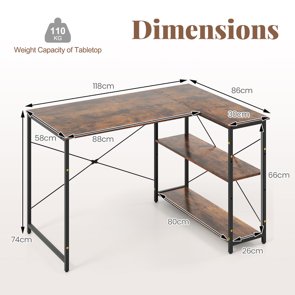 image 1 of COSTWAY L-shaped Computer Desk Reversible Corner Desk Brown